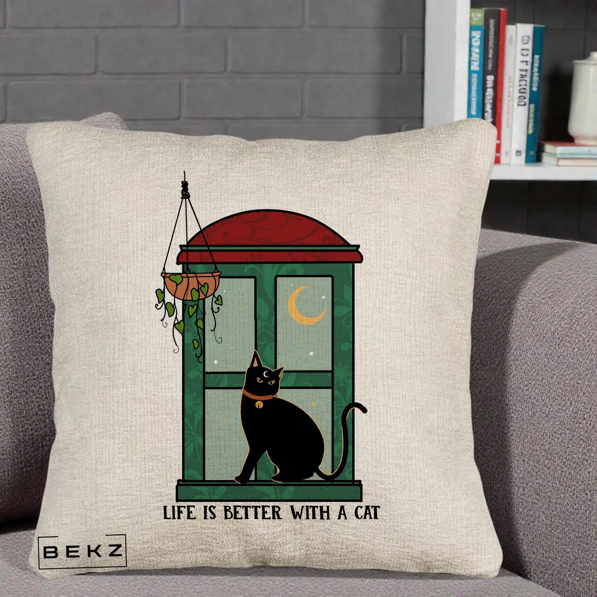 Perna Decorativa Life is Better with a Cat Geam, 40x40 cm, Bej Canapea, Husa Detasabila, Perna, BEKZ®