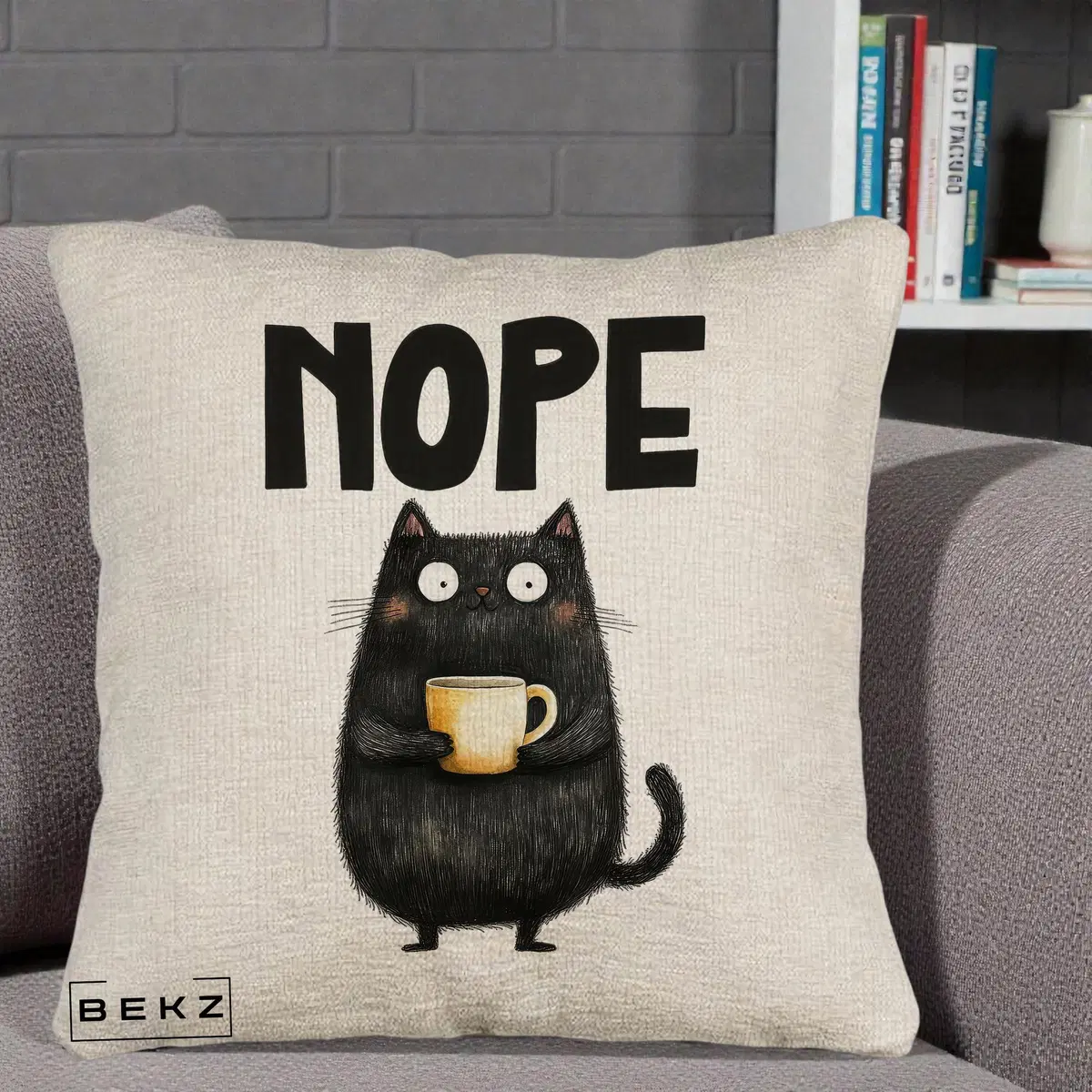 Perna Decorativa NOPE Pisica Neagra Cafea, 40x40 cm, Bej Canapea, Husa Detasabila, Perna, BEKZ®