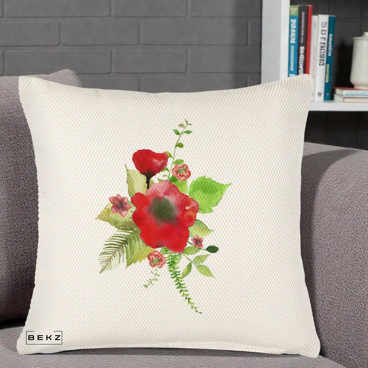 Perna Decorativa Buchet Rosu Acuarela, 40x40 cm, Crem Reliefat, Husa Detasabila, Perna, BEKZ®