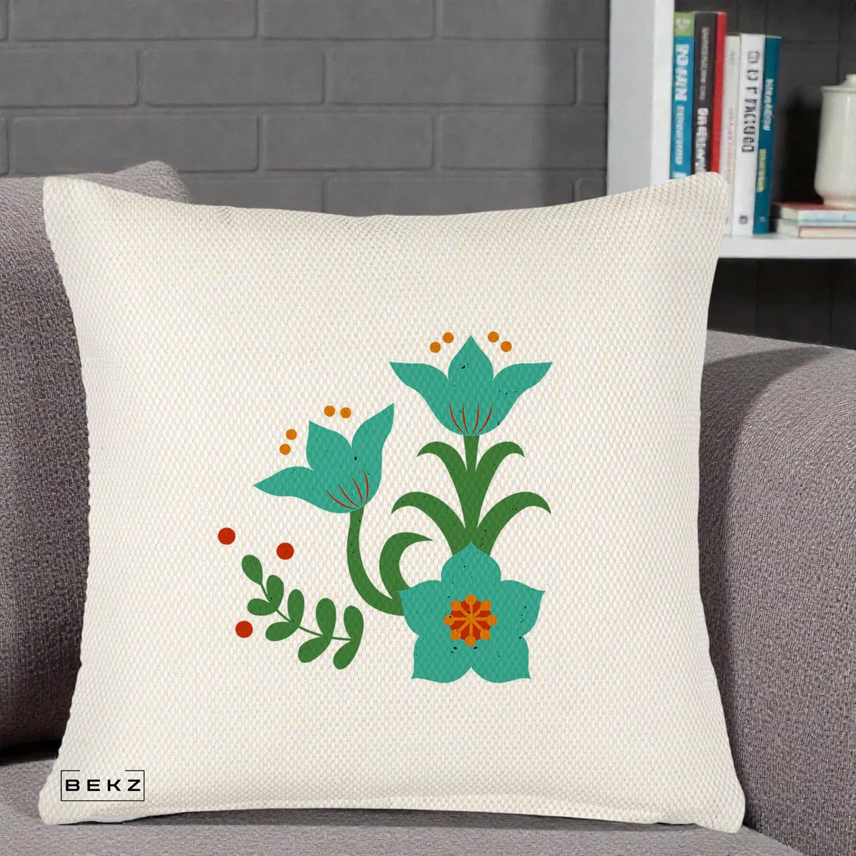 Perna Decorativa Flori Stilizate Folk Turcoaz, 40x40 cm, Crem Reliefat, Husa Detasabila, Perna, BEKZ®