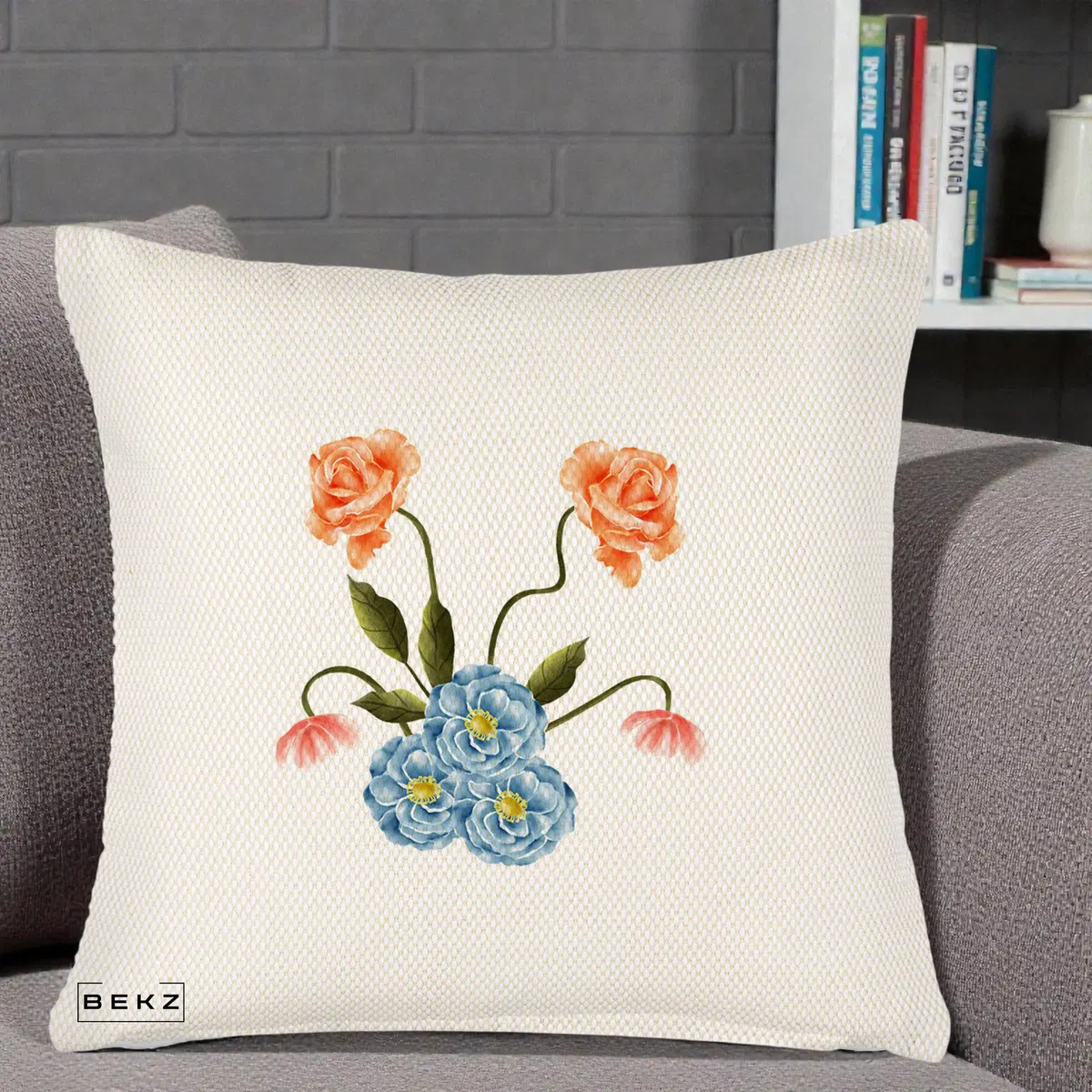 Perna Decorativa Trandafiri si Bujori Acuarela, 40x40 cm, Crem Reliefat, Husa Detasabila, Perna, BEKZ®
