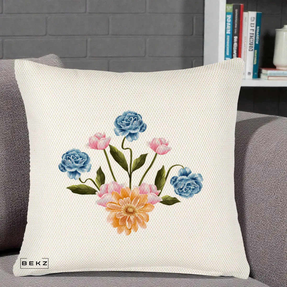Perna Decorativa Buchet Primavara Acuarela, 40x40 cm, Crem Reliefat, Husa Detasabila, Perna, BEKZ®