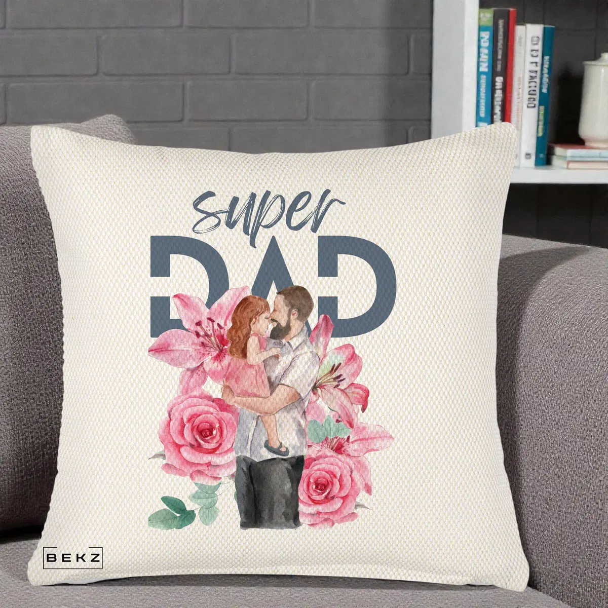 Perna Decorativa Super Dad Tata cu Fetita si Flori, 40x40 cm, Crem Reliefat, Husa Detasabila, Perna, BEKZ®