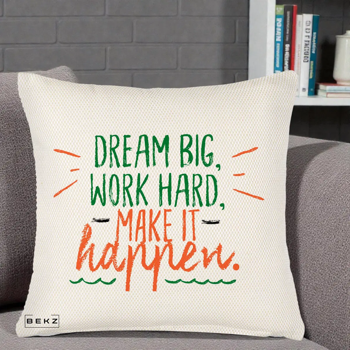 Perna Decorativa Dream Big Work Hard Mesaj Motivational, 40x40 cm, Crem Reliefat, Husa Detasabila, Perna, BEKZ®