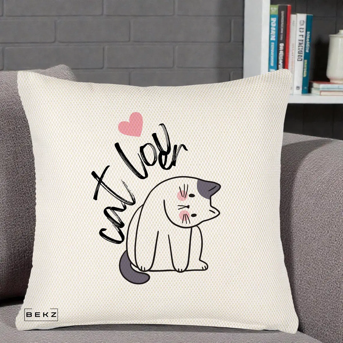 Perna Decorativa Cat Lover Pisica Ilustratie Linie, 40x40 cm, Crem Reliefat, Husa Detasabila, Perna, BEKZ®
