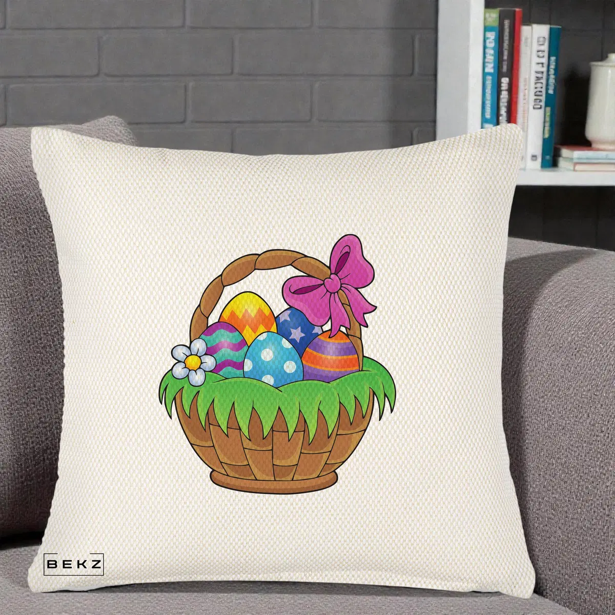 Perna Decorativa Cos cu Oua de Pasti Colorat, 40x40 cm, Crem Reliefat, Husa Detasabila, Perna, BEKZ®
