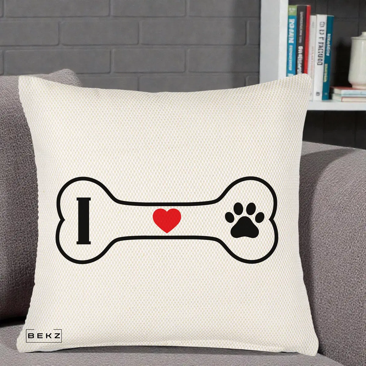 Perna Decorativa I Love Dog Os si Labuta, 40x40 cm, Crem Reliefat, Husa Detasabila, Perna, BEKZ®