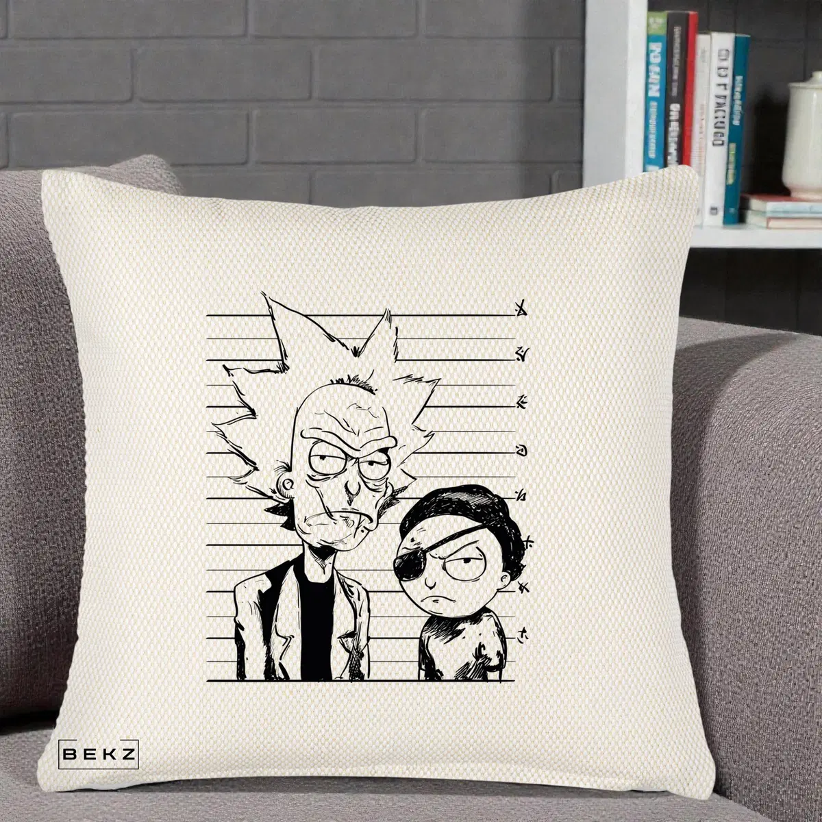 Perna Decorativa Rick si Morty Dosar, 40x40 cm, Crem Reliefat, Husa Detasabila, Perna, BEKZ®