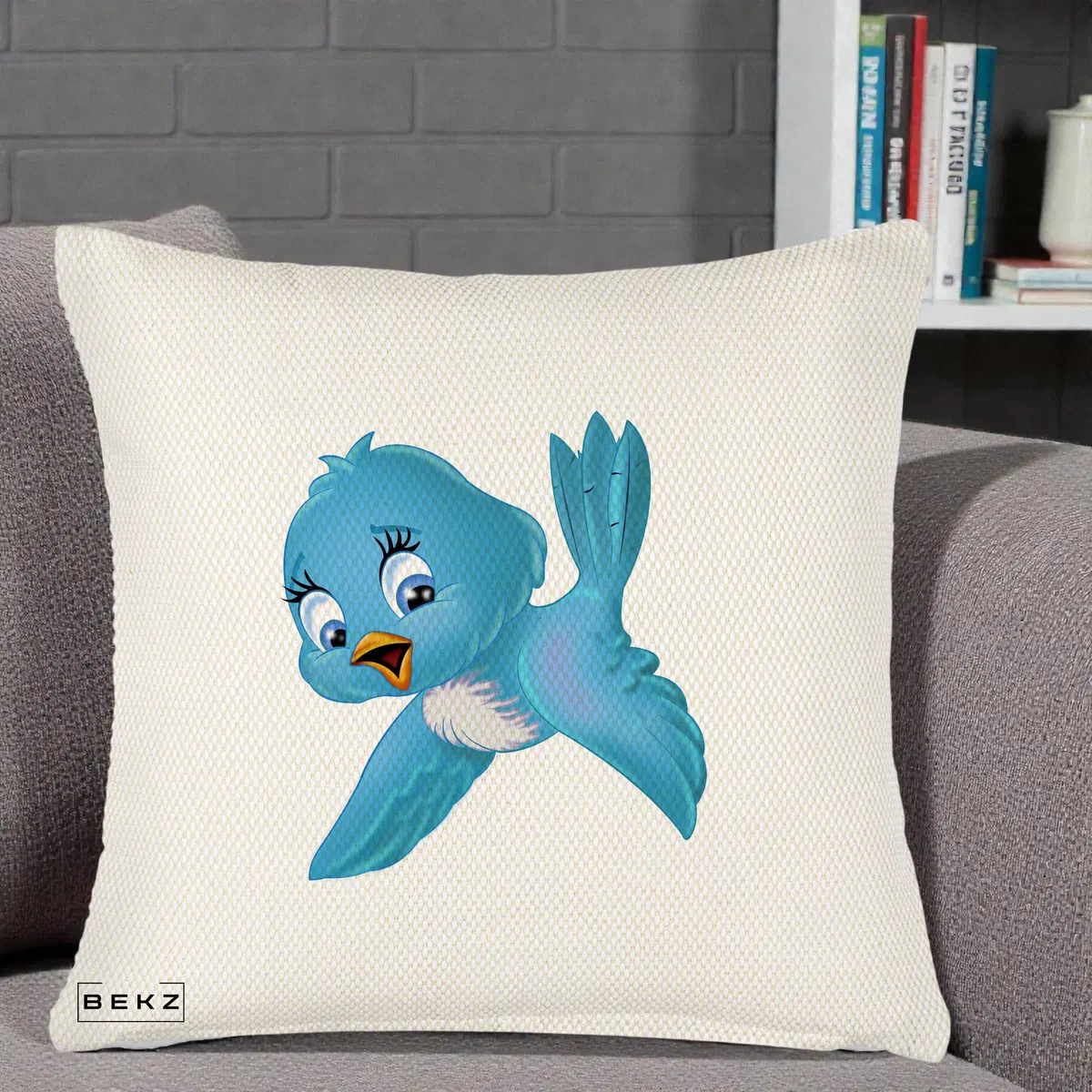 Perna Decorativa Pui de Pasare Albastru, 40x40 cm, Crem Reliefat, Husa Detasabila, Perna, BEKZ®