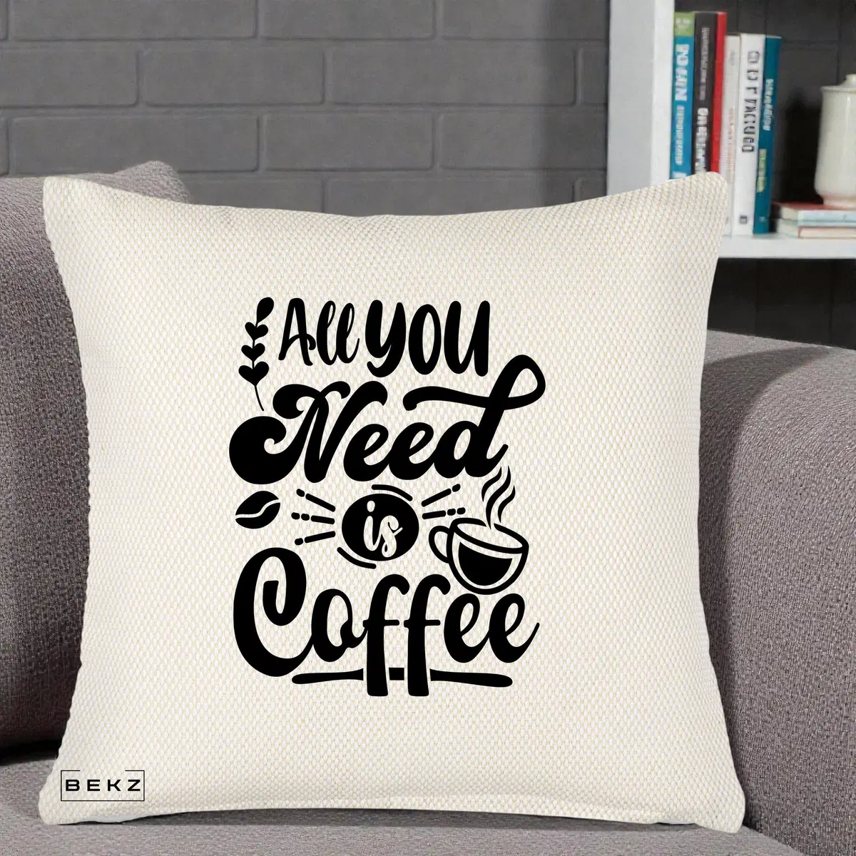 Perna Decorativa All You Need Is Coffee, 40x40 cm, Crem Reliefat, Husa Detasabila, Perna, BEKZ®