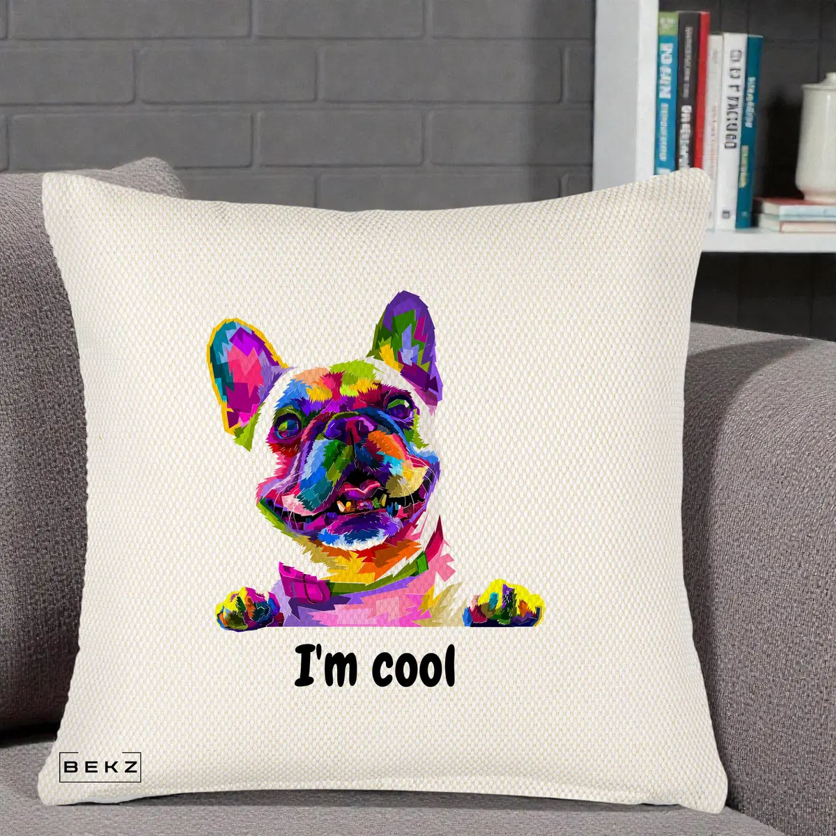 Perna Decorativa Bulldog Francez I'm Cool, 40x40 cm, Crem Reliefat, Husa Detasabila, Perna, BEKZ®