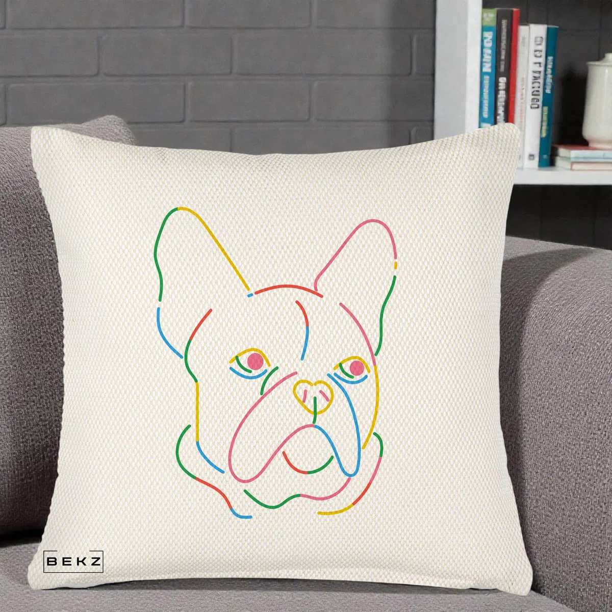 Perna Decorativa Bulldog Francez Line Art Curcubeu, 40x40 cm, Crem Reliefat, Husa Detasabila, Perna, BEKZ®