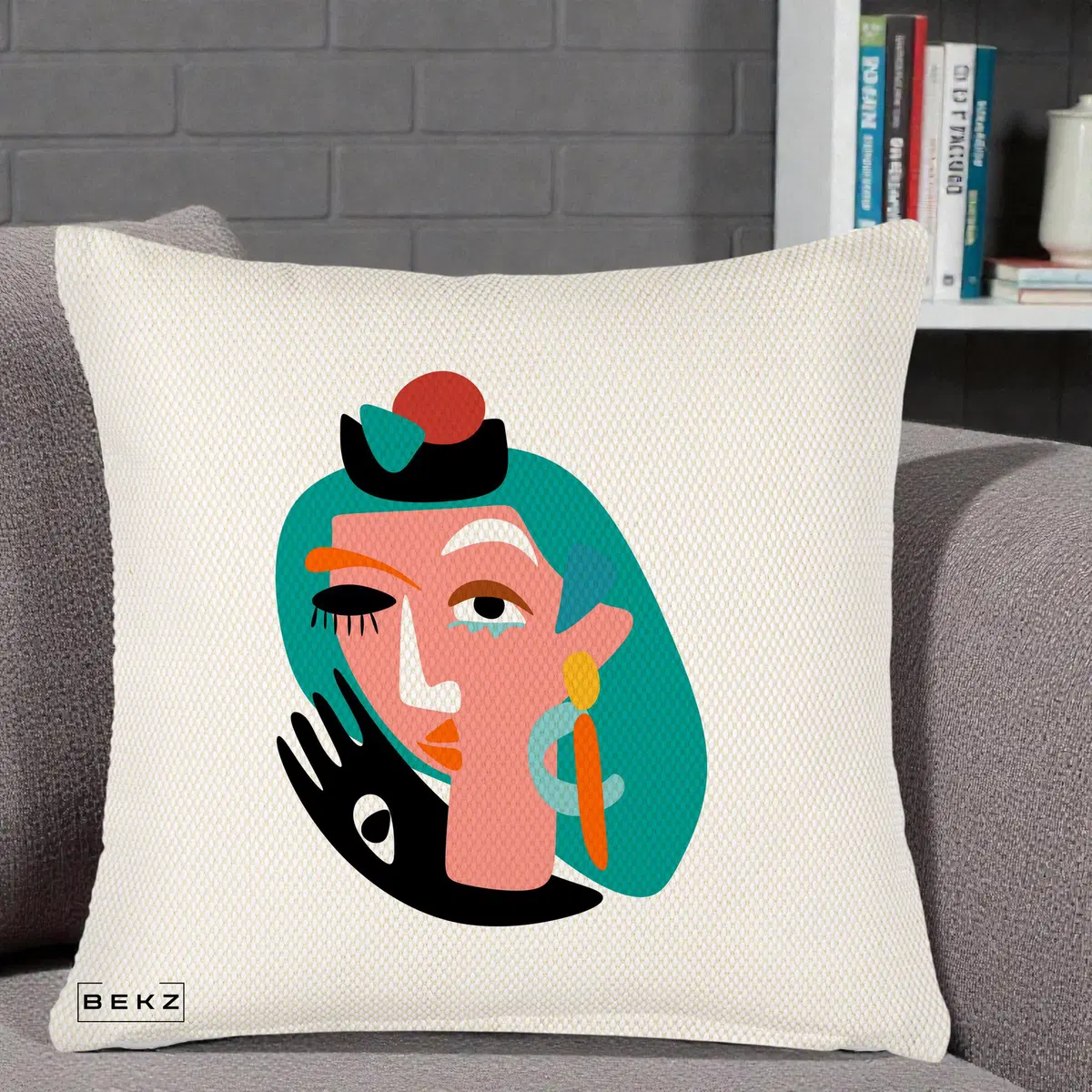 Perna Decorativa Portret Abstract Matisse Turcoaz, 40x40 cm, Crem Reliefat, Husa Detasabila, Perna, BEKZ®