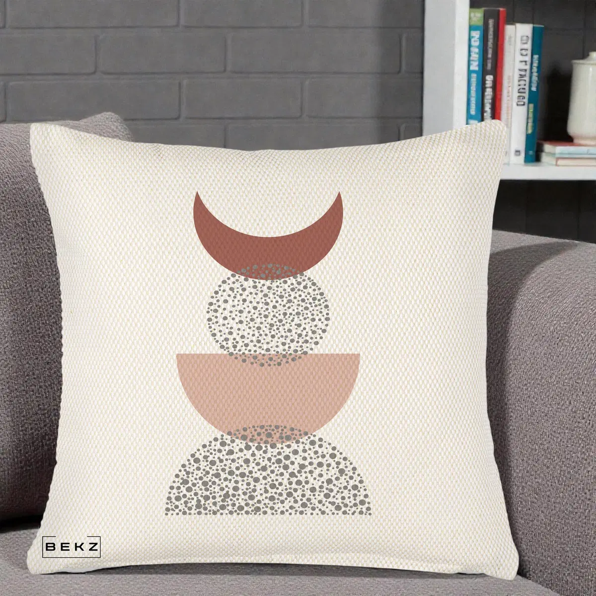 Perna Decorativa Boho Luna Plina si Forme Punctate, 40x40 cm, Crem Reliefat, Husa Detasabila, Perna, BEKZ®