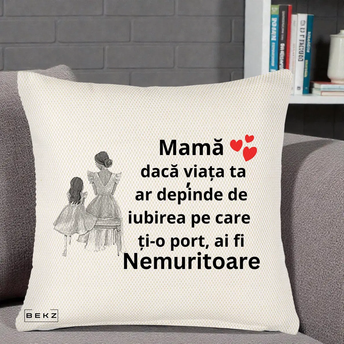 Perna Decorativa Mama Nemuritoare Line Art, 40x40 cm, Crem Reliefat, Husa Detasabila, Perna, BEKZ®