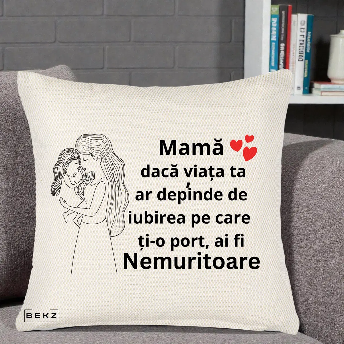 Perna Decorativa Mama Nemuritoare cu Copilul in Poala, 40x40 cm, Crem Reliefat, Husa Detasabila, Perna, BEKZ®