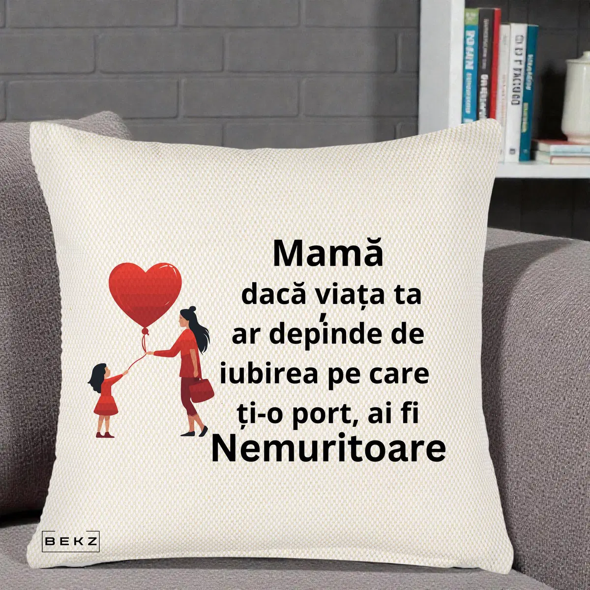 Perna Decorativa Mama Nemuritoare cu Bebelus Kawaii, 40x40 cm, Crem Reliefat, Husa Detasabila, Perna, BEKZ®