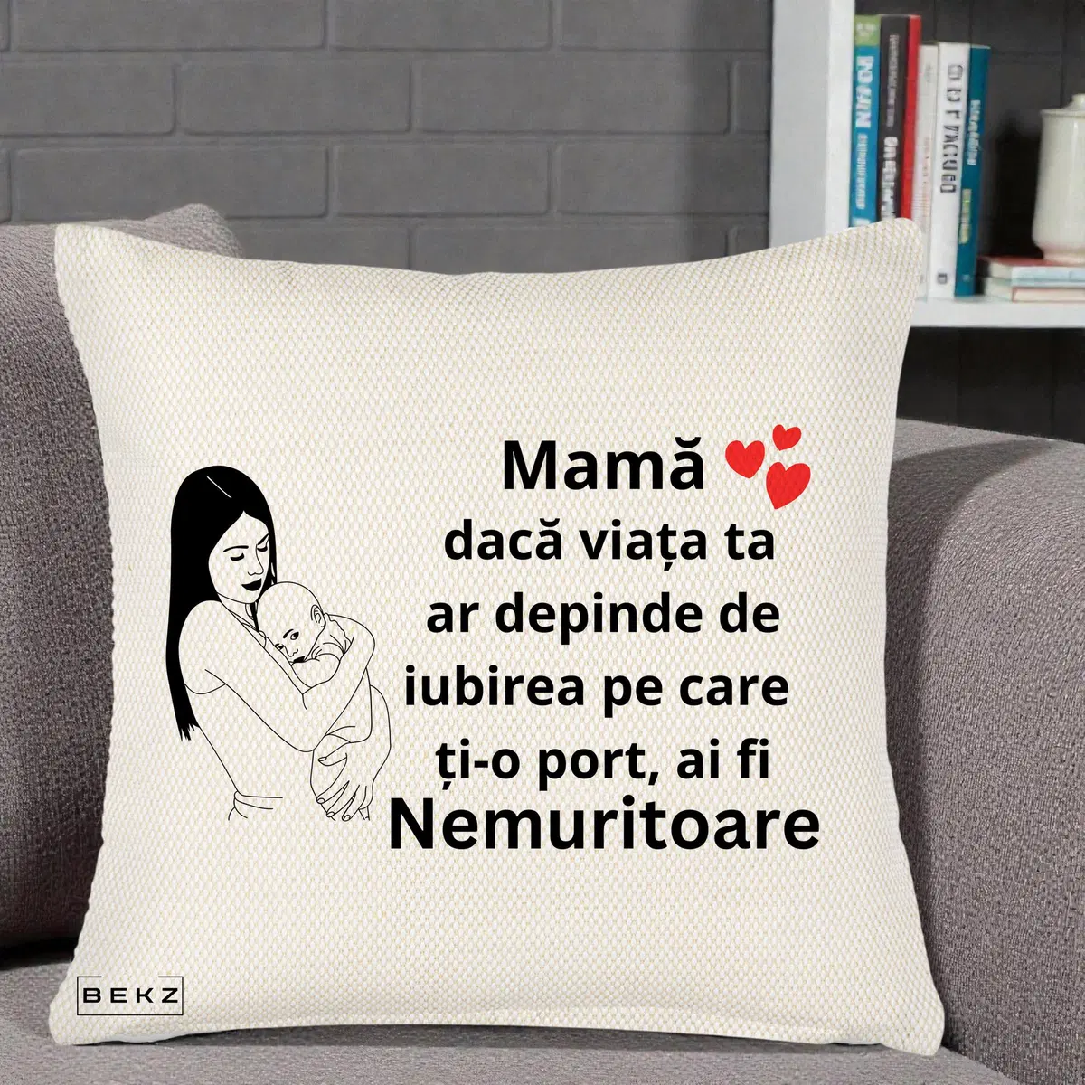 Perna Decorativa Mama Nemuritoare Linie, 40x40 cm, Crem Reliefat, Husa Detasabila, Perna, BEKZ®