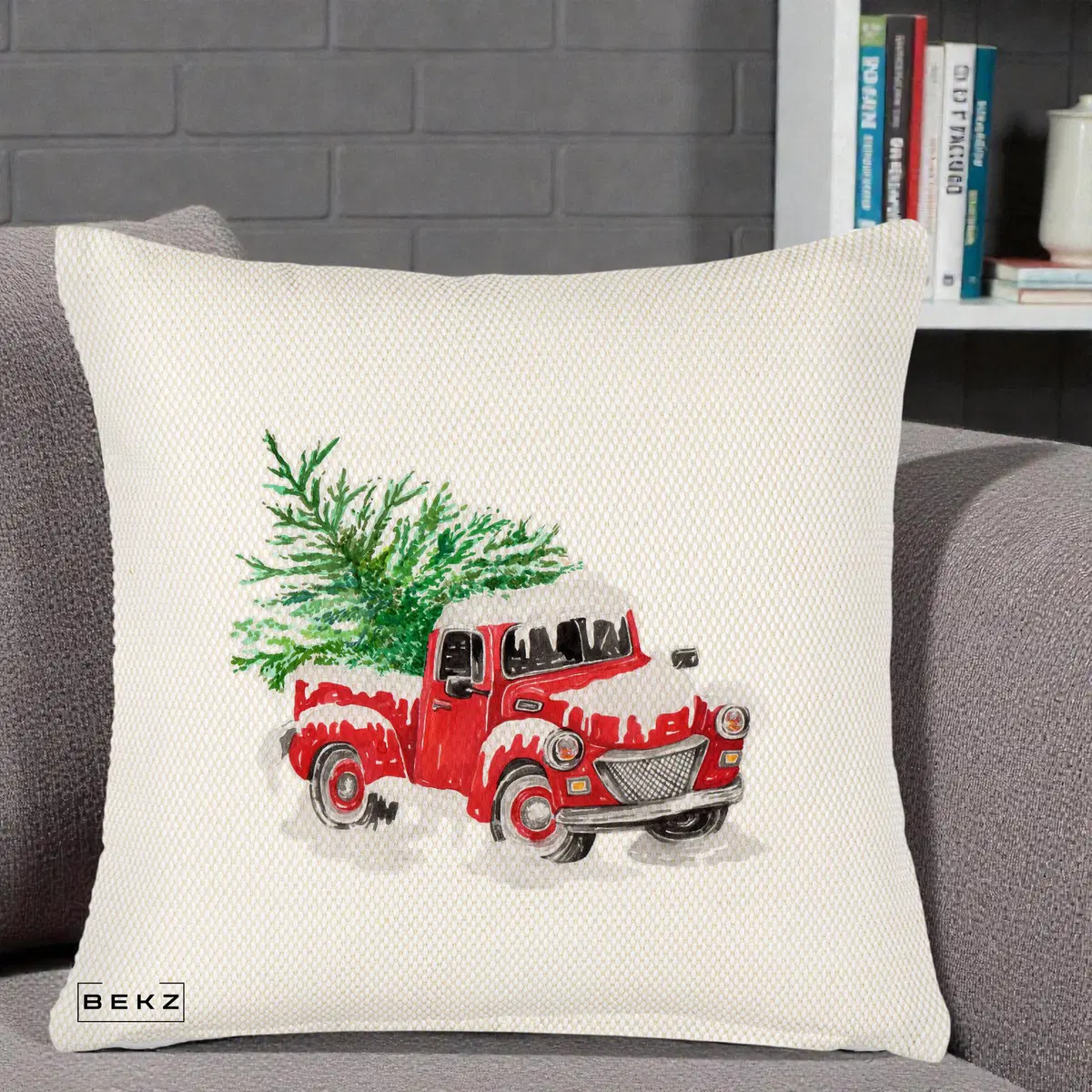 Perna Decorativa Camioneta Rosie Brad de Craciun, 40x40 cm, Crem Reliefat, Husa Detasabila, Perna, BEKZ®