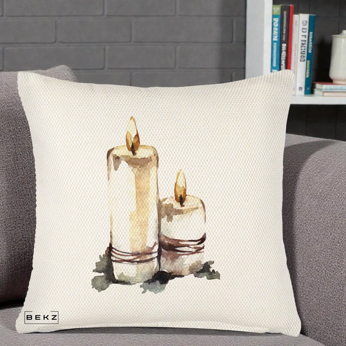 Perna Decorativa Lumanari Acuarela Iarna, 40x40 cm, Crem Reliefat, Husa Detasabila, Perna, BEKZ®