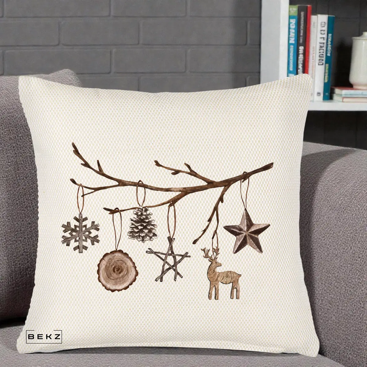 Perna Decorativa Ornamente de Lemn pe Ramura, 40x40 cm, Crem Reliefat, Husa Detasabila, Perna, BEKZ®