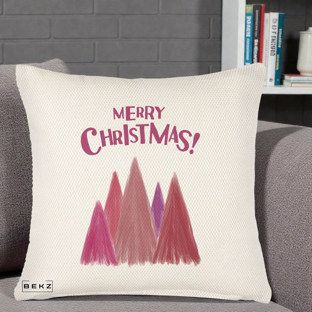 Perna Decorativa Merry Christmas Brazi Roz, 40x40 cm, Crem Reliefat, Husa Detasabila, Perna, BEKZ®
