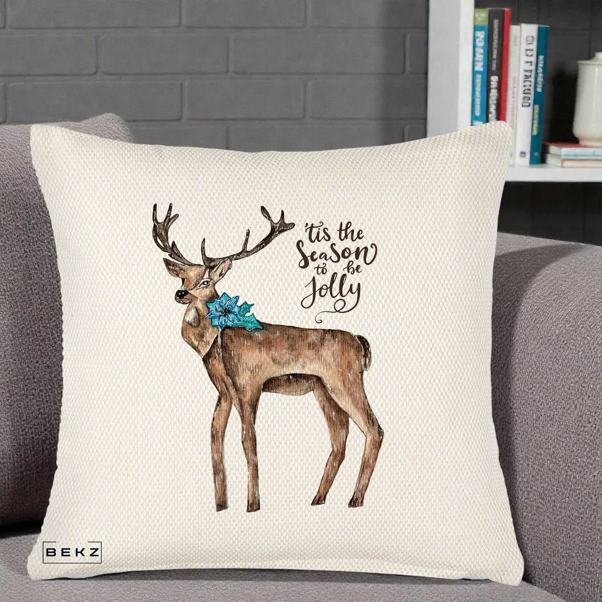 Perna Decorativa Ren Tis the Season to be Jolly, 40x40 cm, Crem Reliefat, Husa Detasabila, Perna, BEKZ®