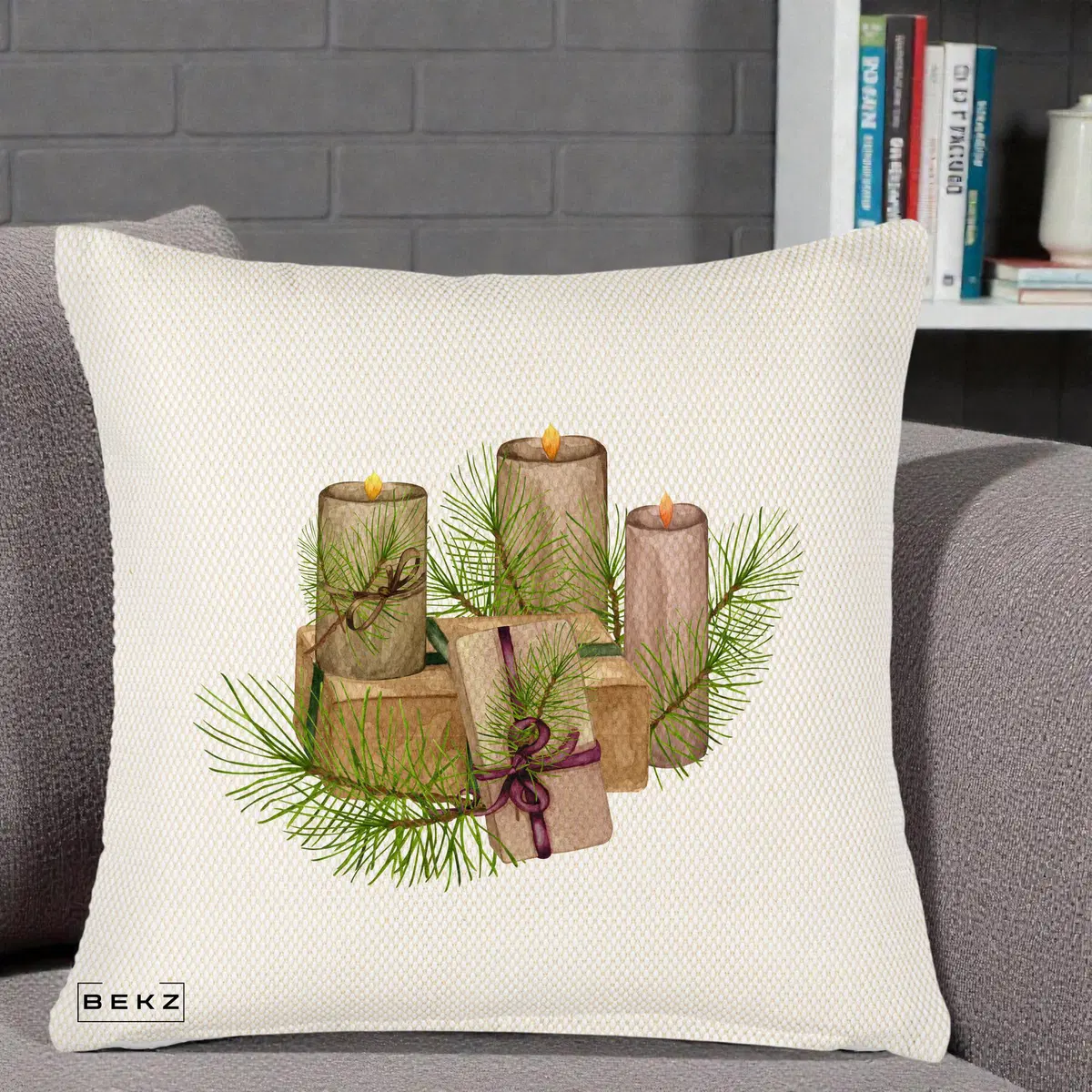 Perna Decorativa Lumanari cu Cadouri Naturale, 40x40 cm, Crem Reliefat, Husa Detasabila, Perna, BEKZ®
