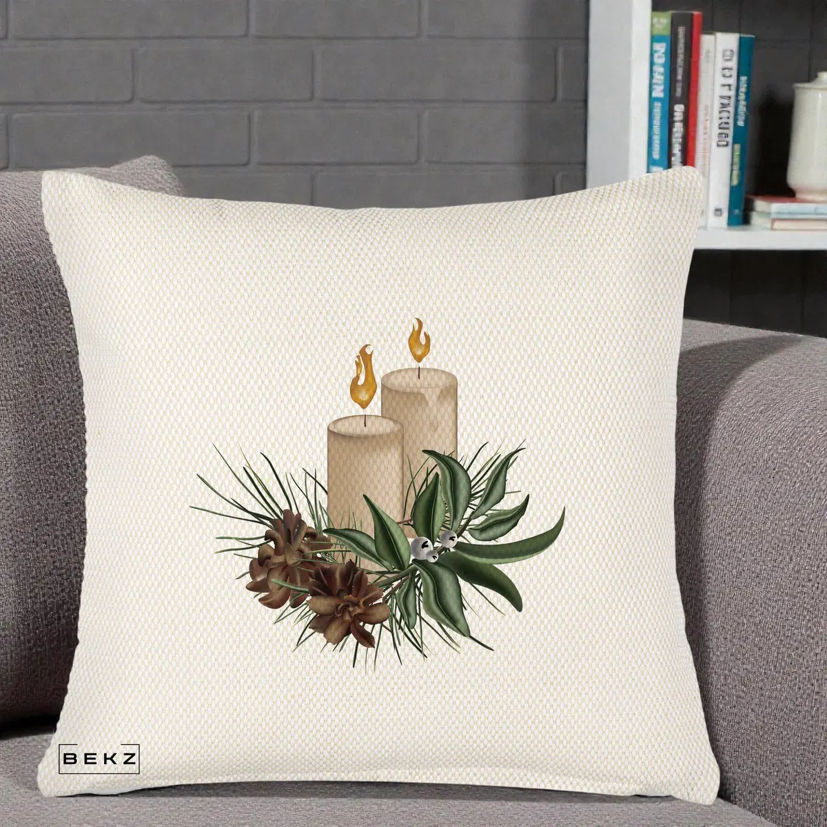 Perna Decorativa Lumanari cu Ilex si Conuri Ilustratie, 40x40 cm, Crem Reliefat, Husa Detasabila, Perna, BEKZ®