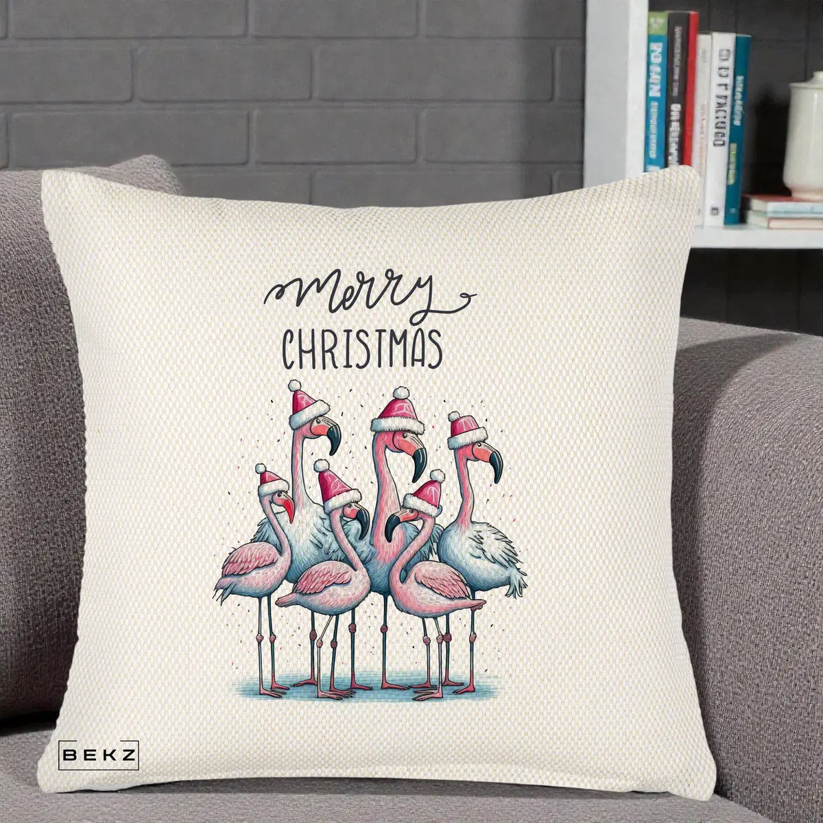 Perna Decorativa Flamingo Merry Christmas, 40x40 cm, Crem Reliefat, Husa Detasabila, Perna, BEKZ®