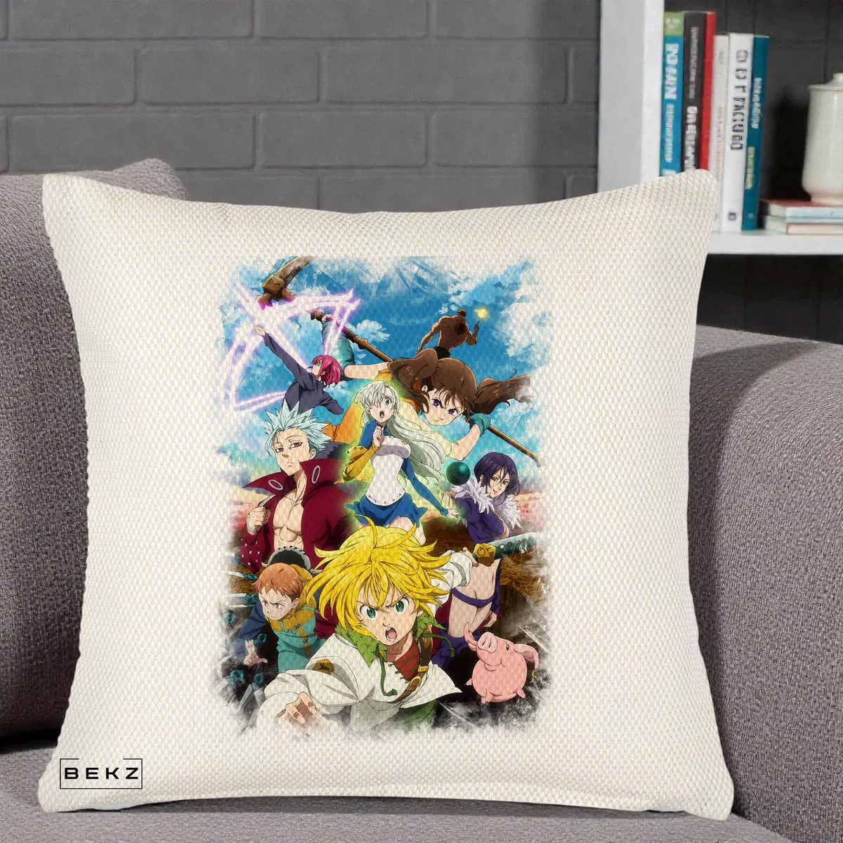 Perna Decorativa Nanatsu no Taizai Cele Sapte Pacate Mortale Anime, 40x40 cm, Crem Reliefat, Husa Detasabila, Perna, BEKZ®