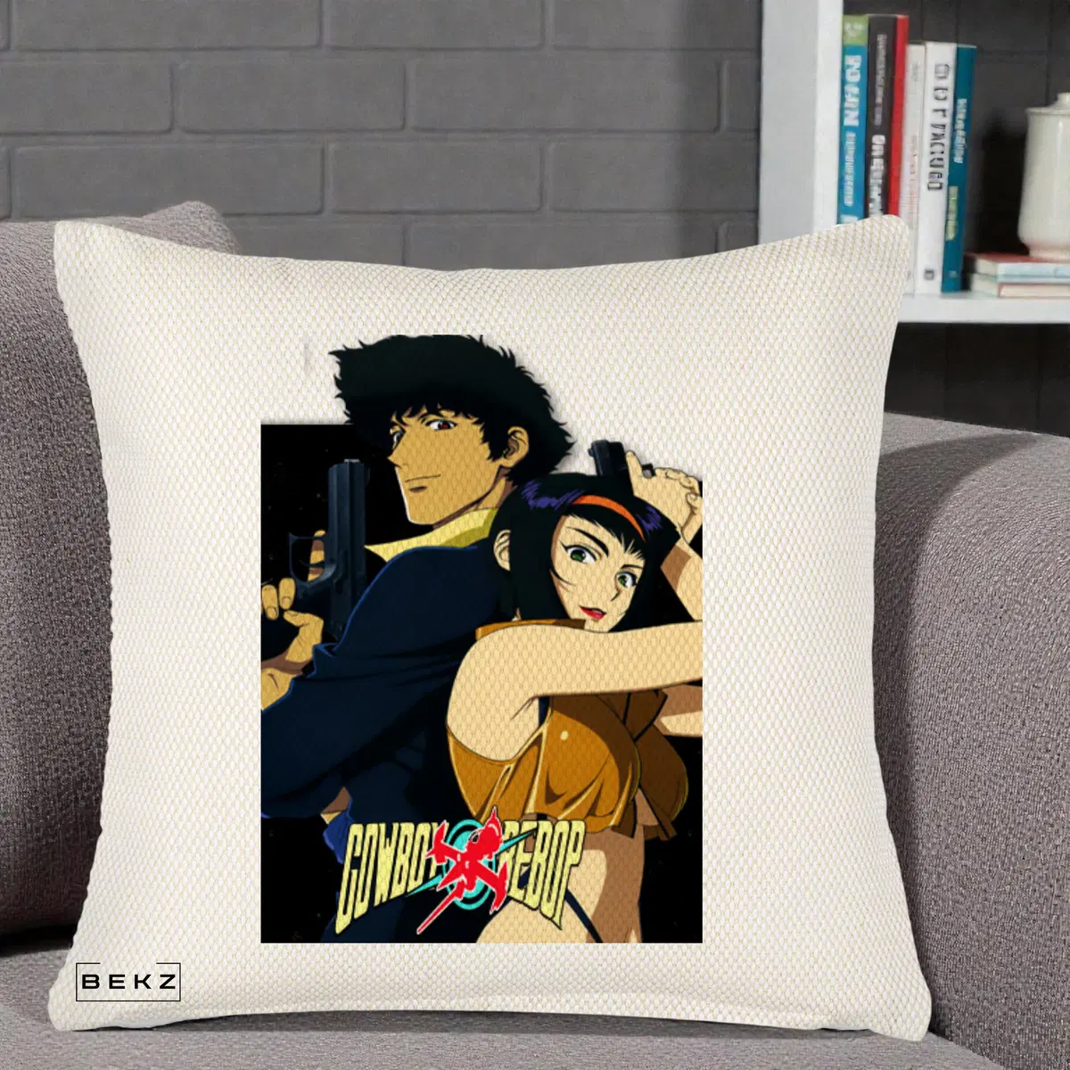 Perna Decorativa Cowboy Bebop Spike si Faye Poster, 40x40 cm, Crem Reliefat, Husa Detasabila, Perna, BEKZ®
