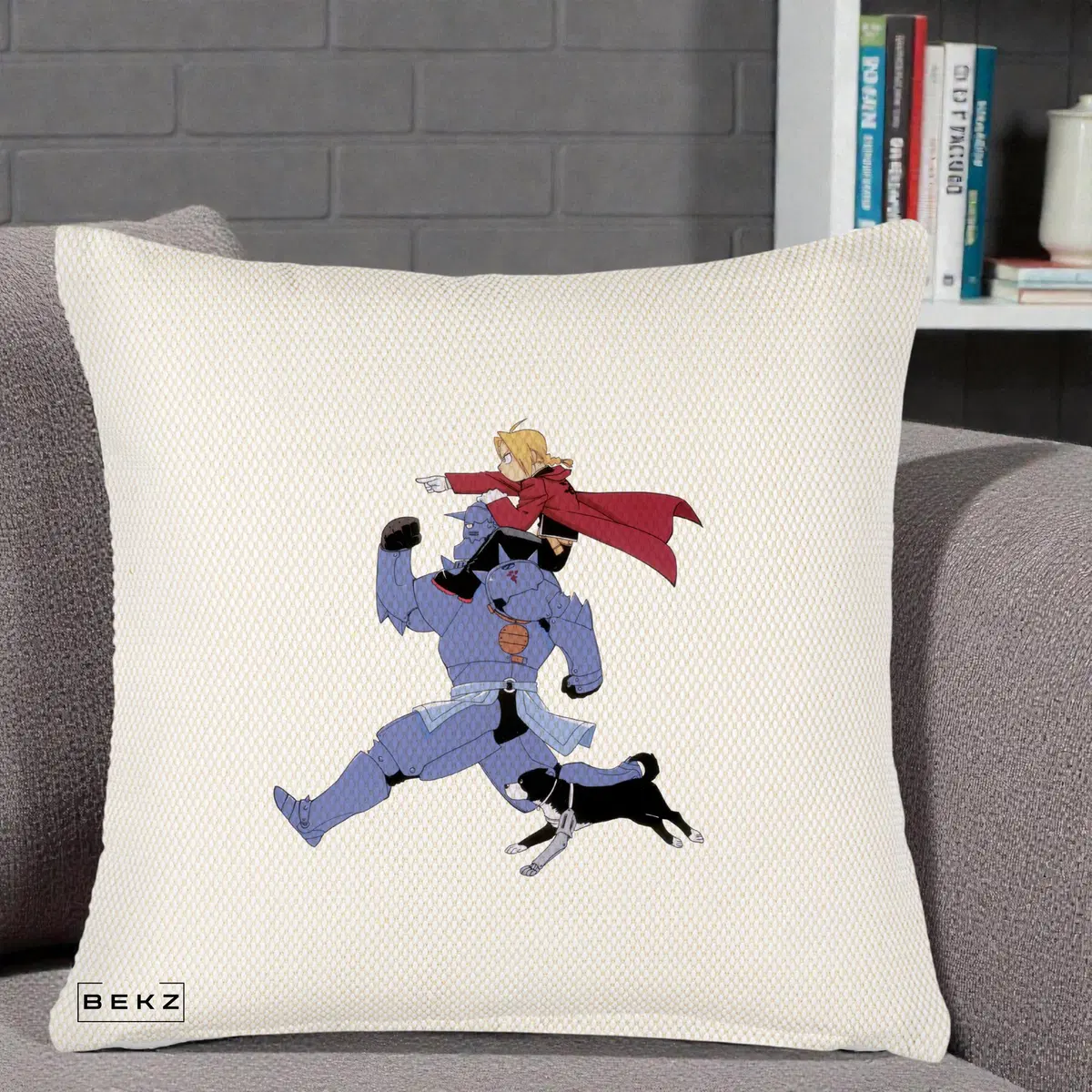 Perna Decorativa Fullmetal Alchemist Edward si Alphonse, 40x40 cm, Crem Reliefat, Husa Detasabila, Perna, BEKZ®