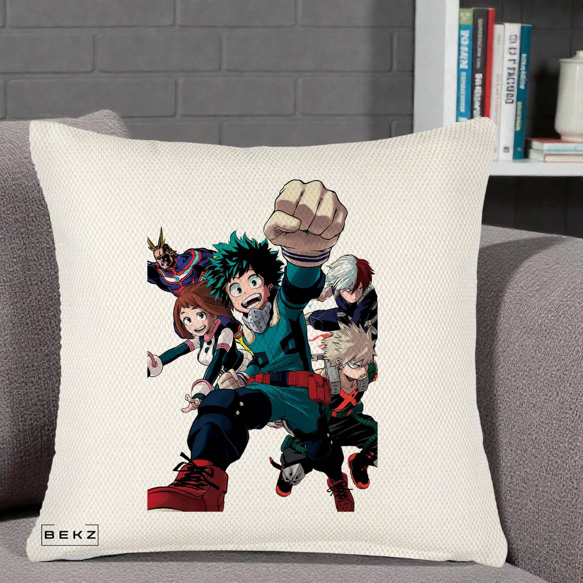 Perna Decorativa My Hero Academia Izuku Deku si Echipa, 40x40 cm, Crem Reliefat, Husa Detasabila, Perna, BEKZ®