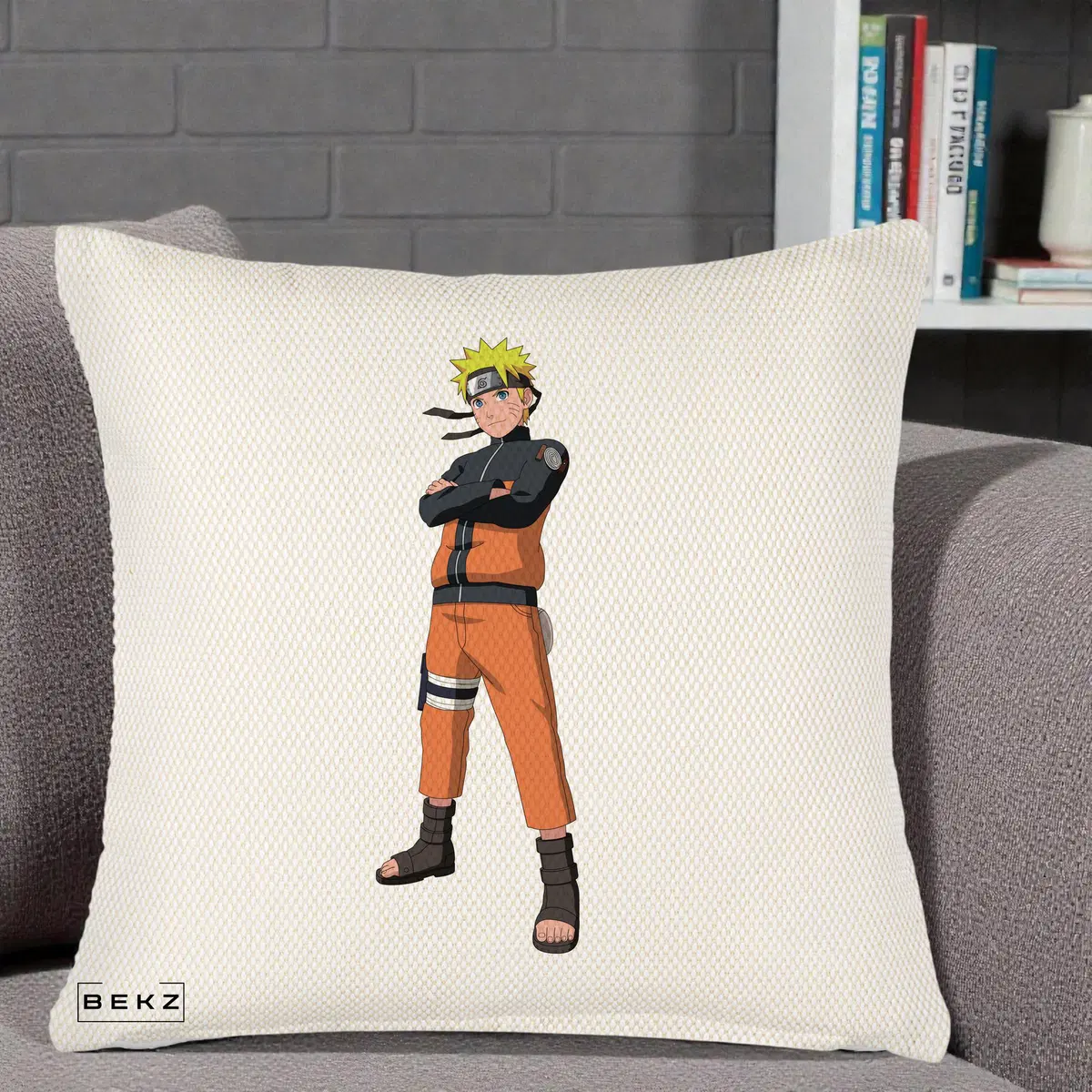 Perna Decorativa Naruto Uzumaki Portret Complet, 40x40 cm, Crem Reliefat, Husa Detasabila, Perna, BEKZ®
