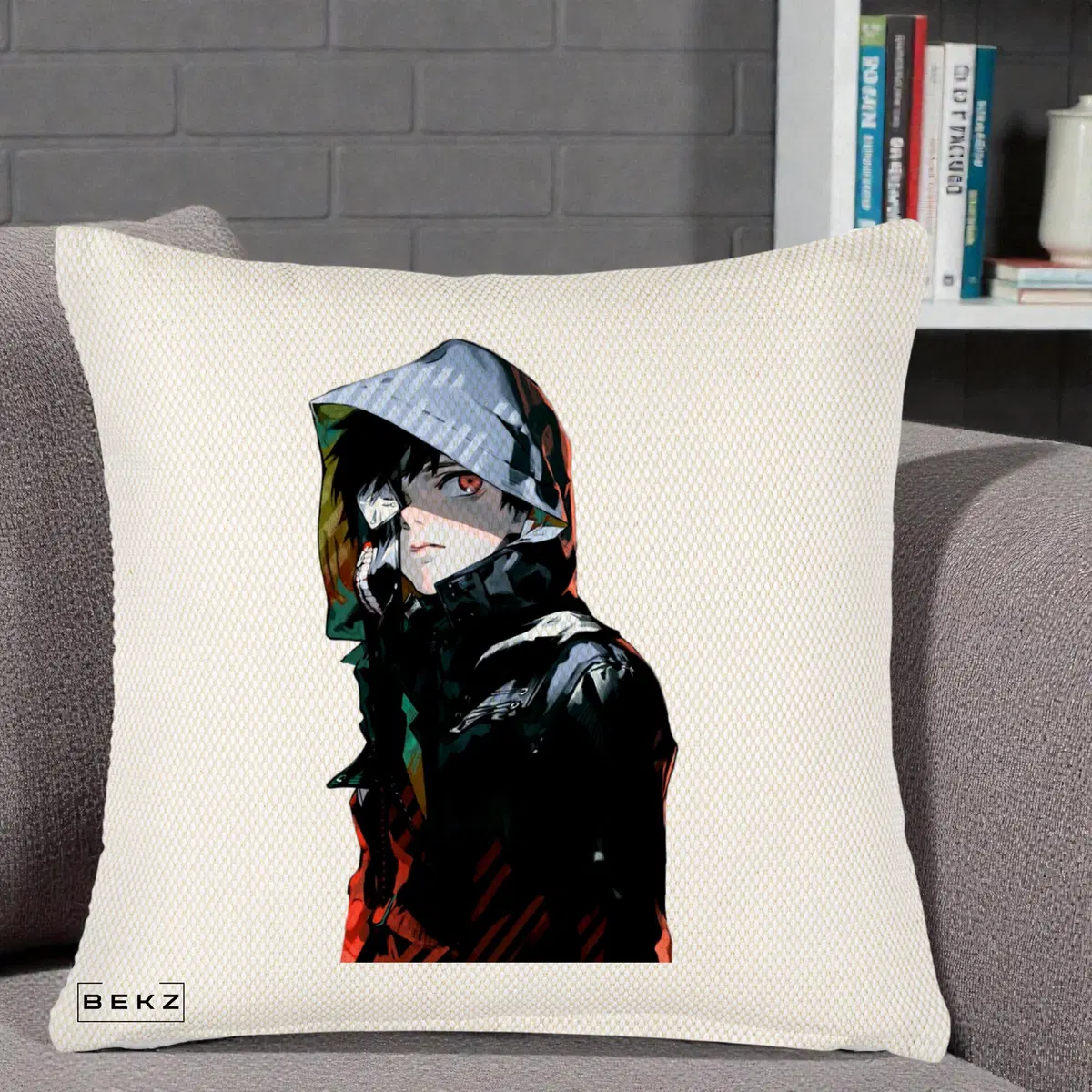 Perna Decorativa Tokyo Ghoul Ken Kaneki cu Masca si Gluga, 40x40 cm, Crem Reliefat, Husa Detasabila, Perna, BEKZ®