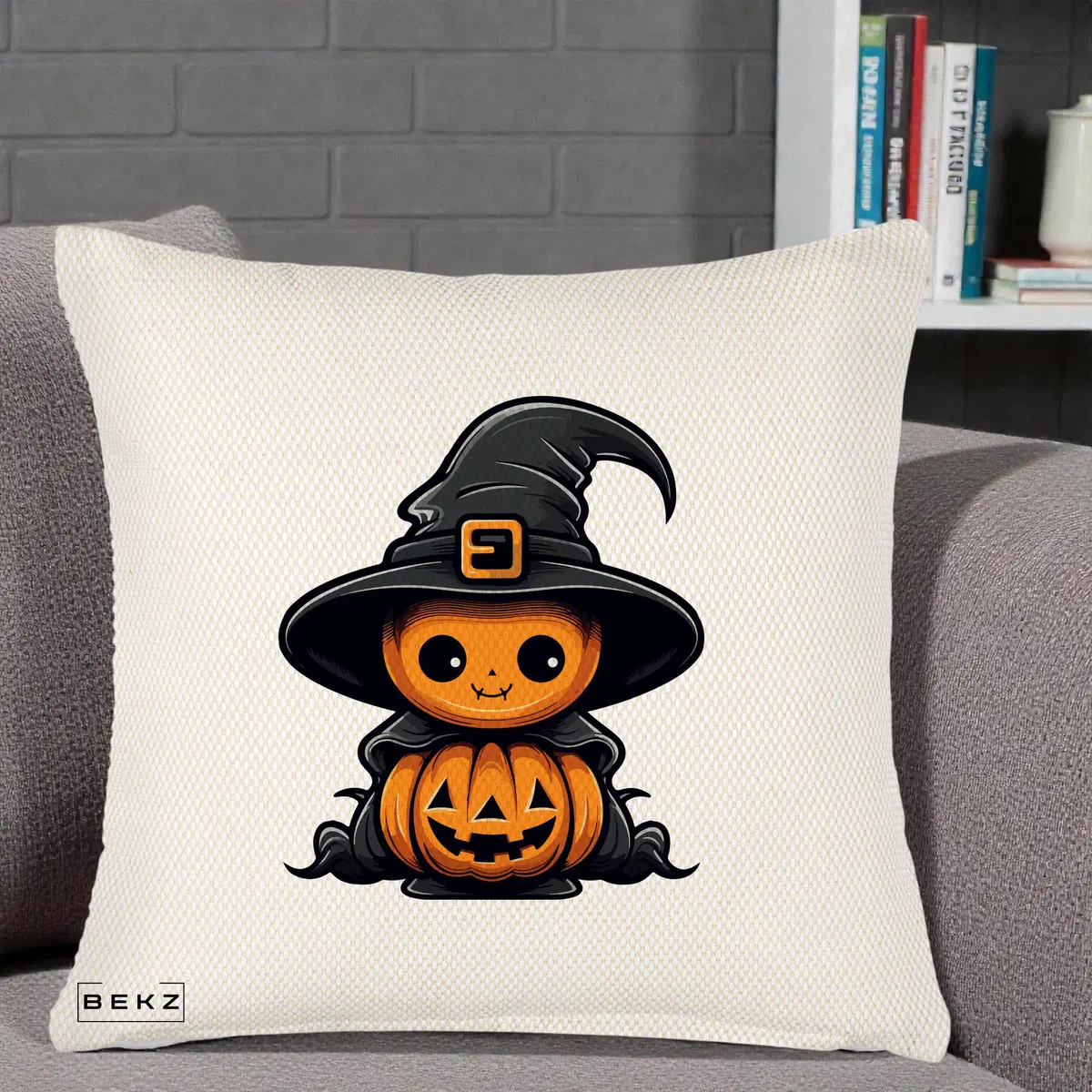 Perna Decorativa Halloween Dovleac Vrajitor Kawaii, 40x40 cm, Crem Reliefat, Husa Detasabila, Perna, BEKZ®