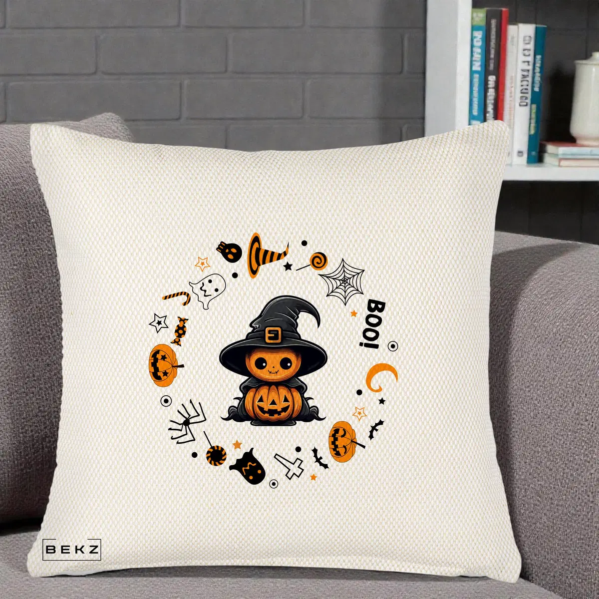 Perna Decorativa Halloween Dovleac Vrajitor Boo cu Simboluri, 40x40 cm, Crem Reliefat, Husa Detasabila, Perna, BEKZ®