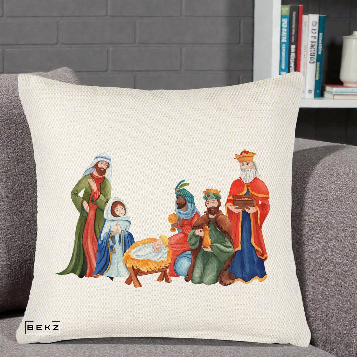Perna Decorativa Nasterea Domnului Cei Trei Magi Acuarela, 40x40 cm, Crem Reliefat, Husa Detasabila, Perna, BEKZ®