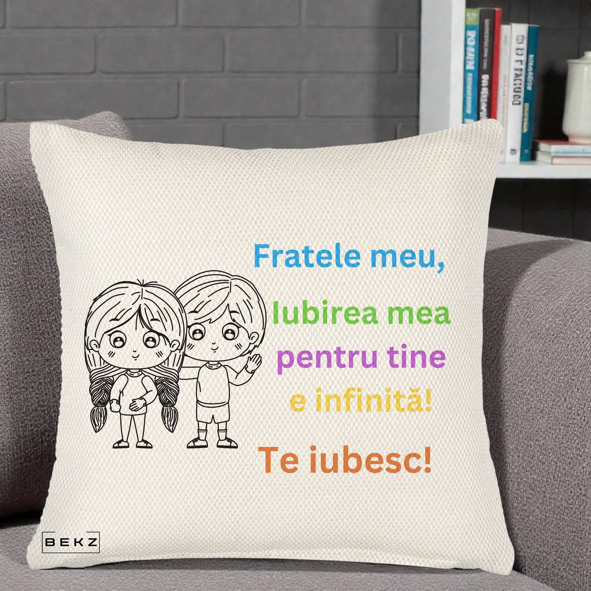 Perna Decorativa Fratele Meu Te Iubesc Copii Anime Colorat, 40x40 cm, Crem Reliefat, Husa Detasabila, Perna, BEKZ®