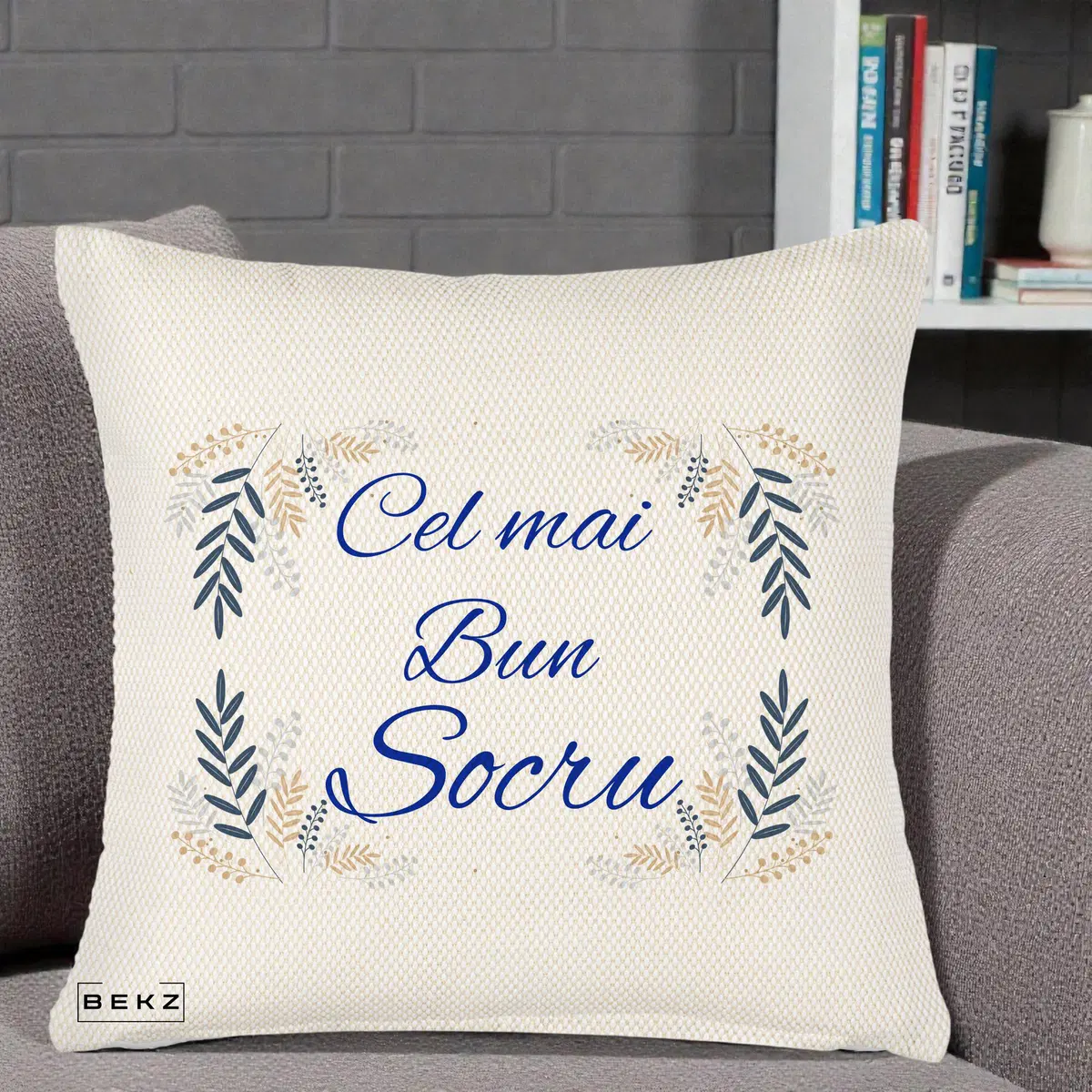 Perna Decorativa Cel mai Bun Socru cu Ramuri Frunze Albastre si Aurii, 40x40 cm, Crem Reliefat, Husa Detasabila, Perna, BEKZ®