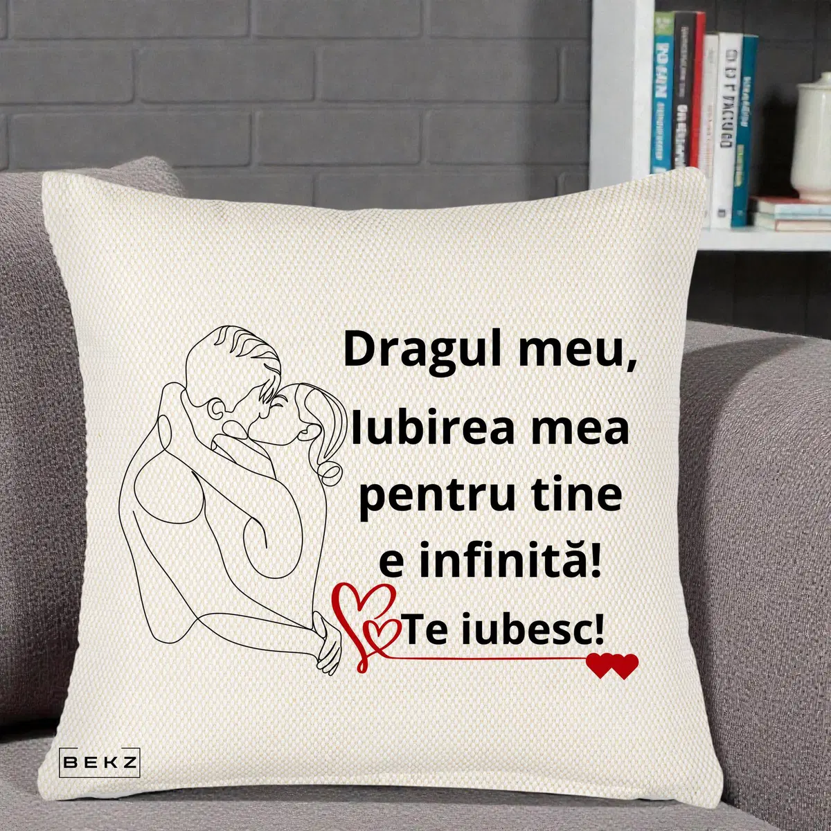 Perna Decorativa Dragul Meu Iubirea Mea pentru Tine e Infinita Te Iubesc, 40x40 cm, Crem Reliefat, Husa Detasabila, Perna, BEKZ®