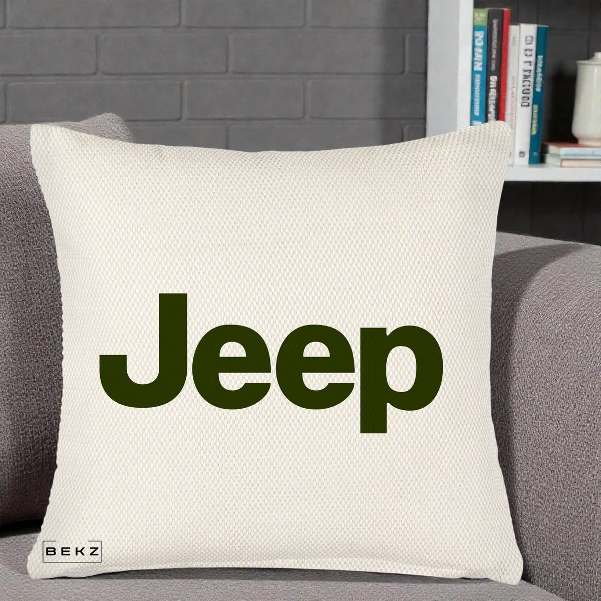 Perna Decorativa Logo Jeep Verde pe Fond crem, 40x40 cm, Crem Reliefat, Husa Detasabila, Perna, BEKZ®