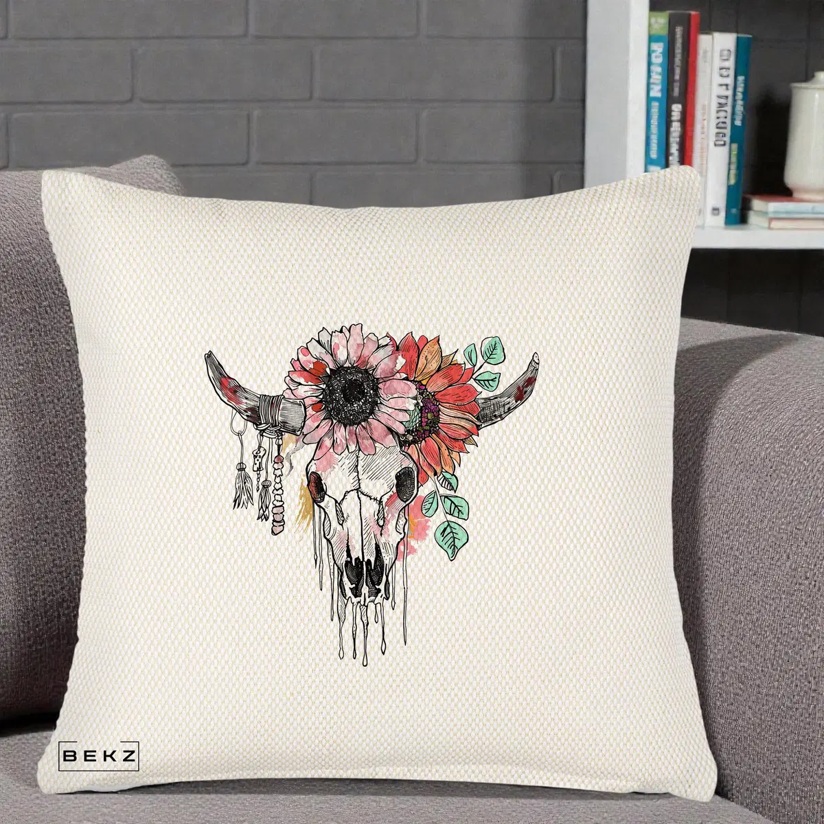 Perna Decorativa Craniu Boho Floral, 40x40 cm, Crem Reliefat, Husa Detasabila, Perna, BEKZ®