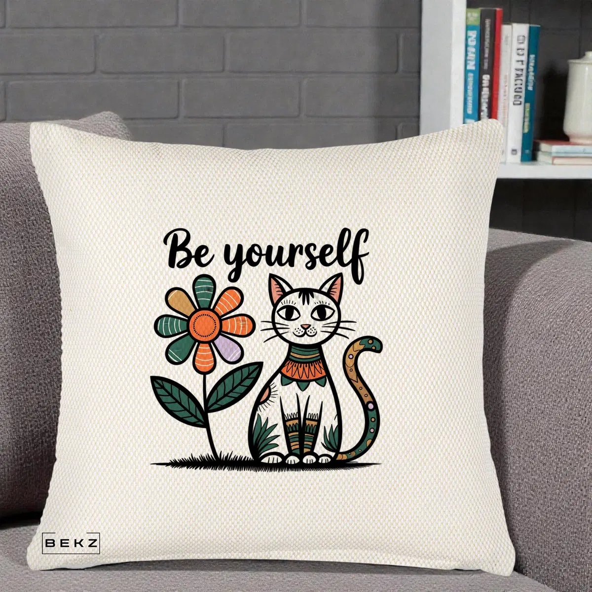 Perna Decorativa Be Yourself Pisica Folk, 40x40 cm, Crem Reliefat, Husa Detasabila, Perna, BEKZ®