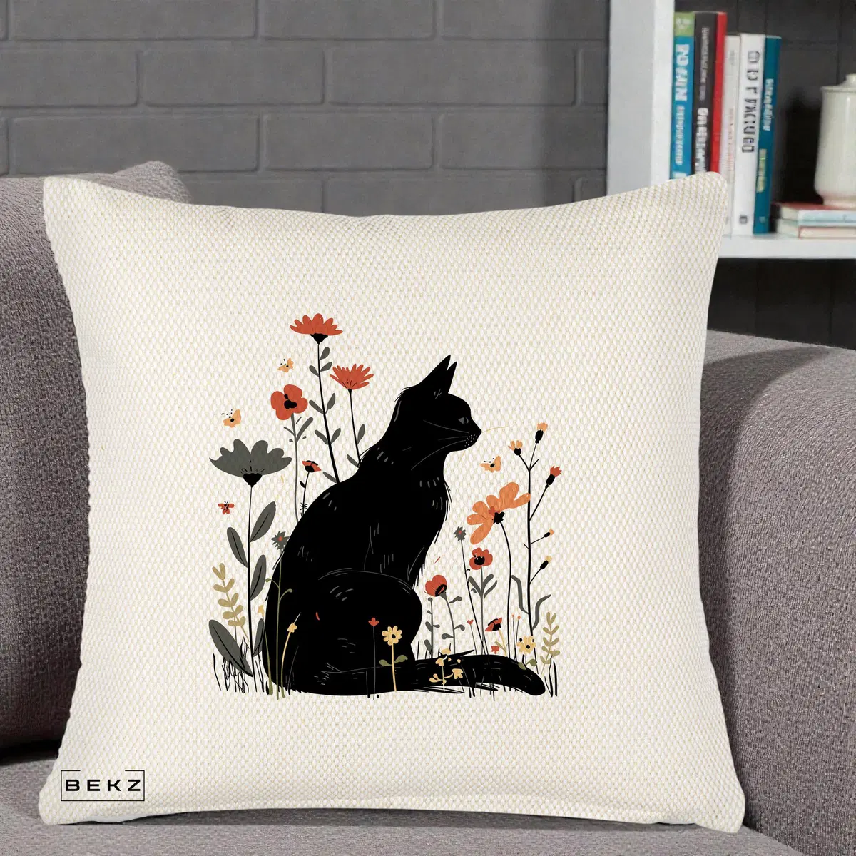 Perna Decorativa Pisica Neagra Profil Flori Portocalii, 40x40 cm, Crem Reliefat, Husa Detasabila, Perna, BEKZ®