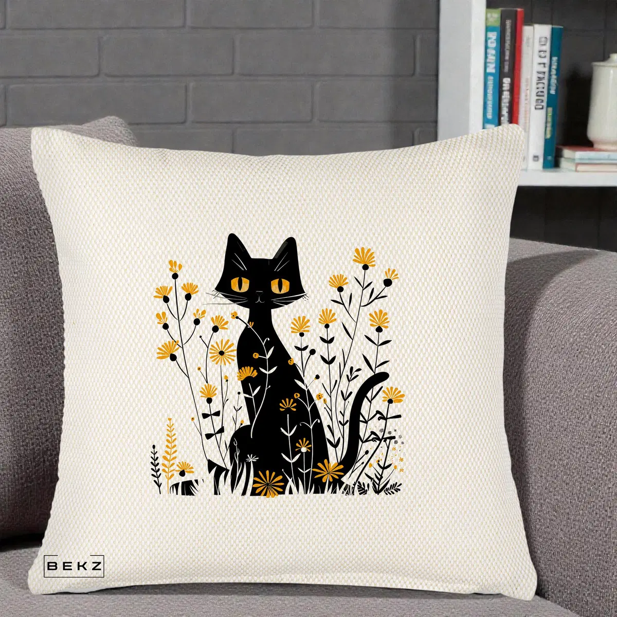 Perna Decorativa Pisica Neagra Ochi Galbeni Flori Galbene, 40x40 cm, Crem Reliefat, Husa Detasabila, Perna, BEKZ®