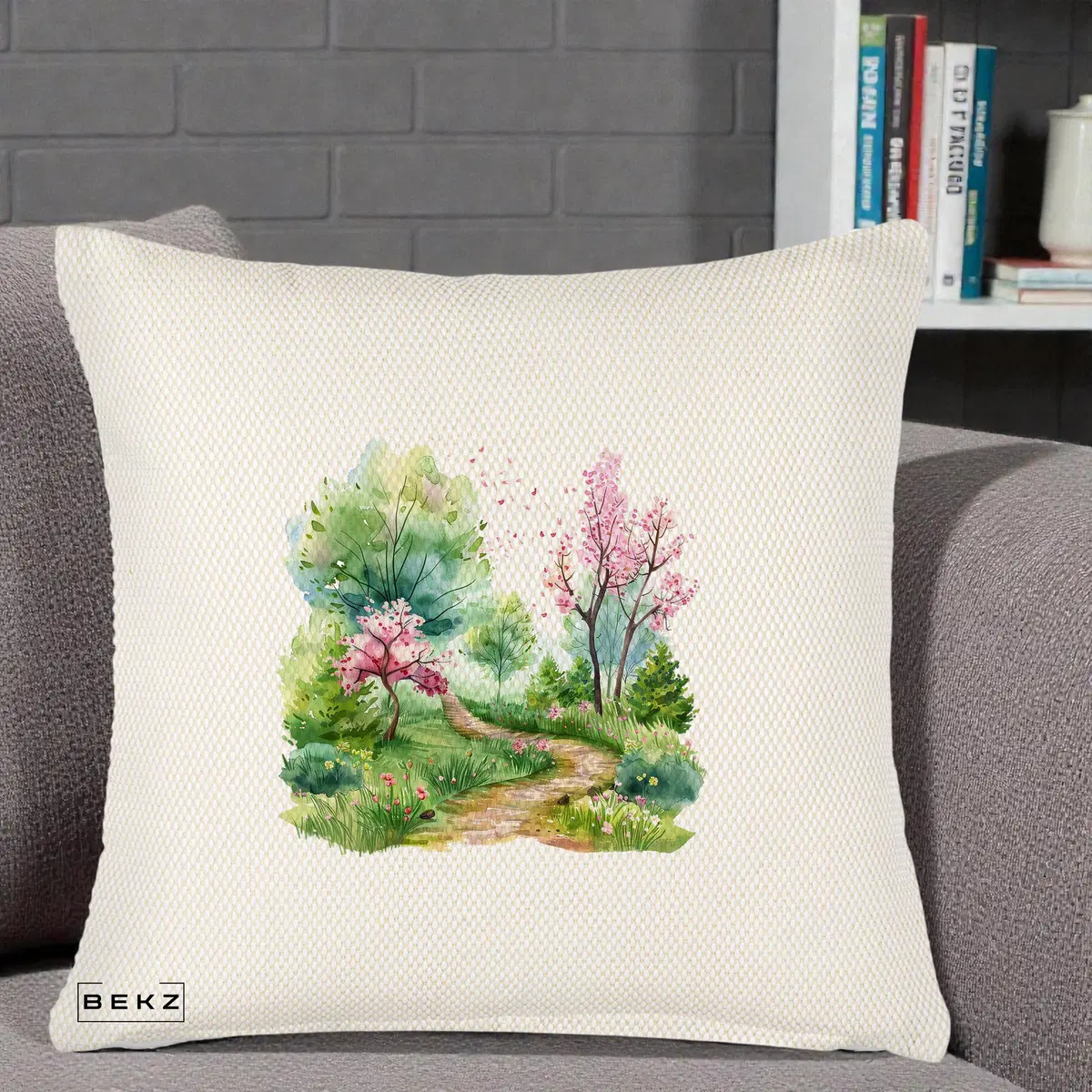 Perna Decorativa Gradina Primavara Acuarela, 40x40 cm, Crem Reliefat, Husa Detasabila, Perna, BEKZ®
