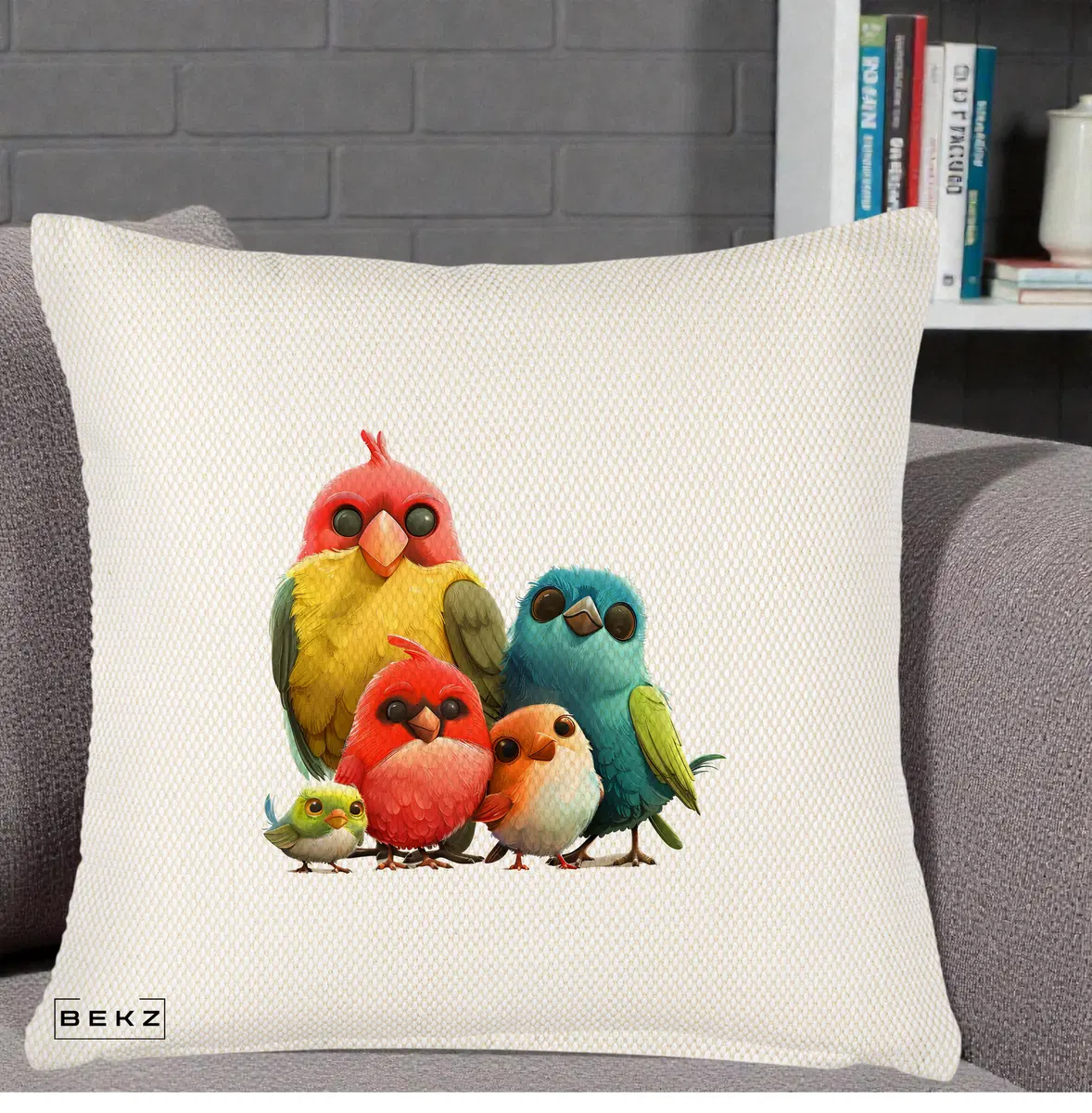 Perna Decorativa Familie de Pasarele Colorate, 40x40 cm, Crem Reliefat, Husa Detasabila, Perna, BEKZ®