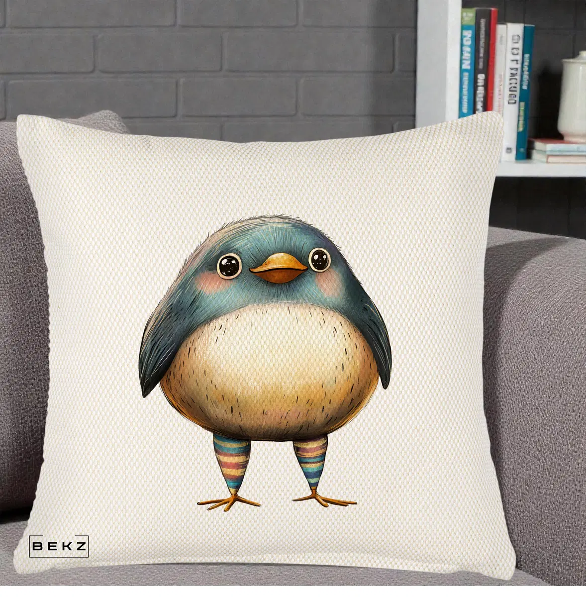 Perna Decorativa Pasare Teal-Bej cu Sosete Curcubeu, 40x40 cm, Crem Reliefat, Husa Detasabila, Perna, BEKZ®